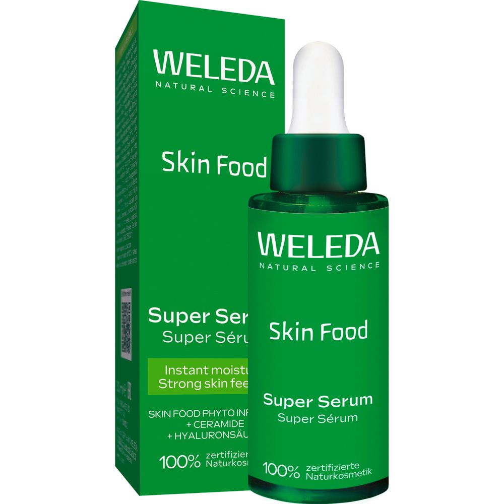 Grüne Verpackung und Flasche mit WELEDA Skin Food Super Serum. Flasche mit Pipette.