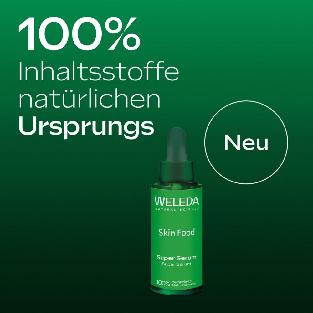Grüne Flasche mit Serum und Text. 100% Inhaltsstoffe natürlichen Ursprungs. Neu.