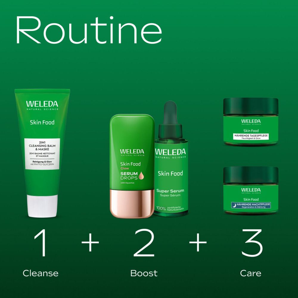 Drei Produkte: Reinigung, Serum, Pflege. WELEDA Skin Food Produkte.