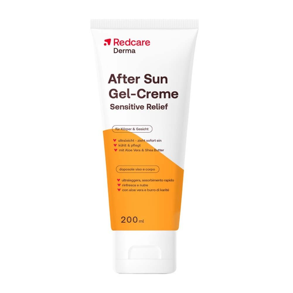 Weiße Tube Redcare Derma After Sun Gel-Creme. Orangefarbene Akzente. Text: After Sun Gel-Creme Sensitive Relief. 200 ml.