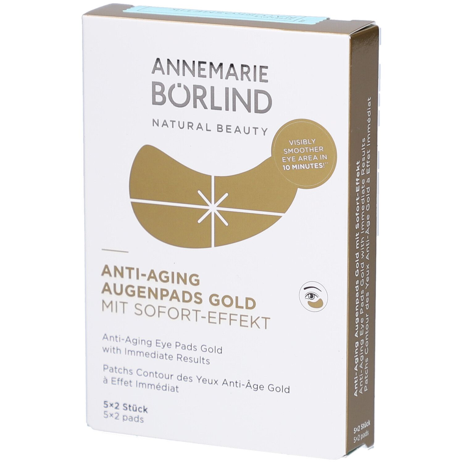 Verpackung von Augenpads. Marke: ANNEMARIE BÖRLIND. Produktname: Anti-Aging Augenpads Gold. Mit Sofort-Effekt. 5x2 Stück.