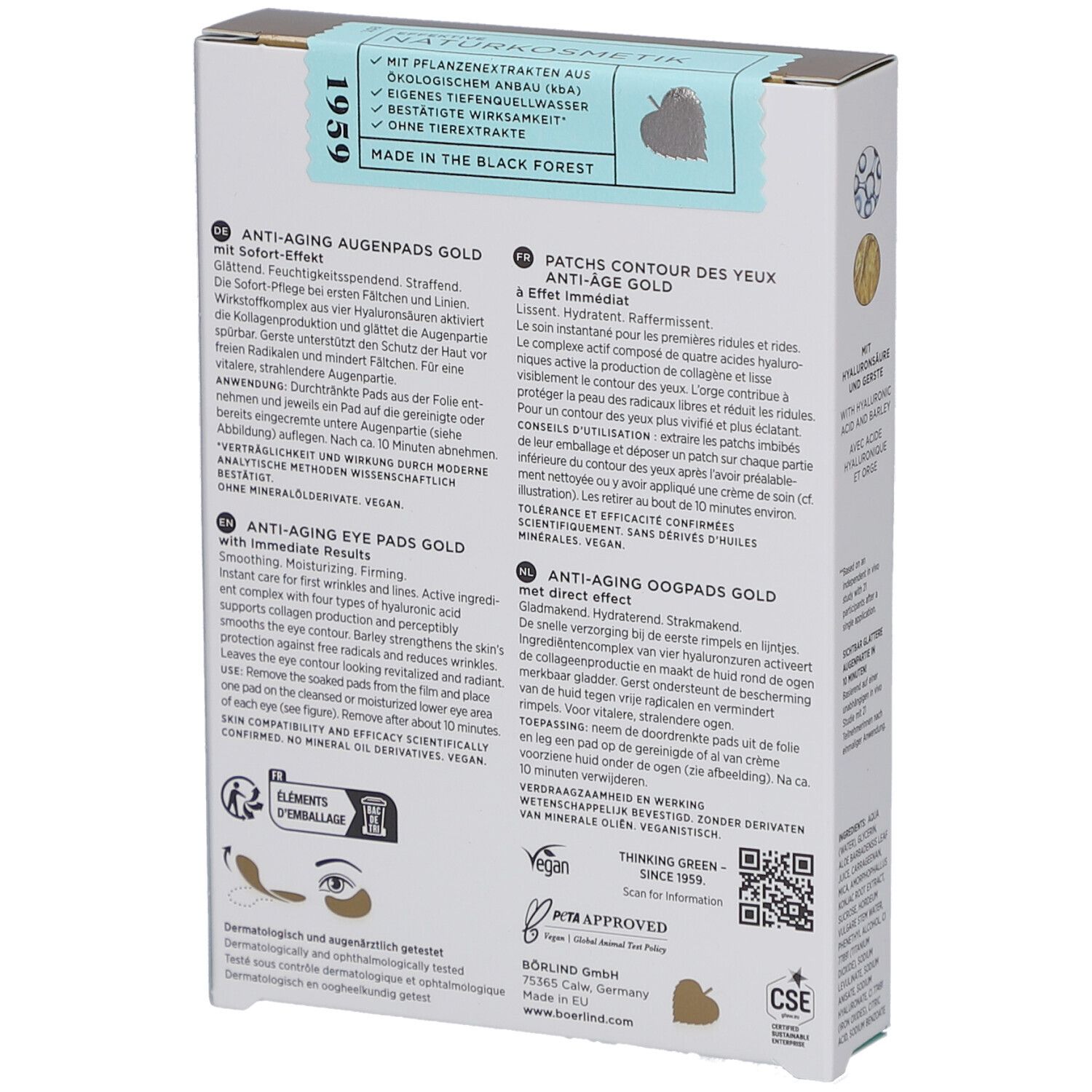 Rückseite der Verpackung von Augenpads. Marke: ANNEMARIE BÖRLIND. Produktname: Anti-Aging Augenpads Gold. Vegan. Zertifizierungen.