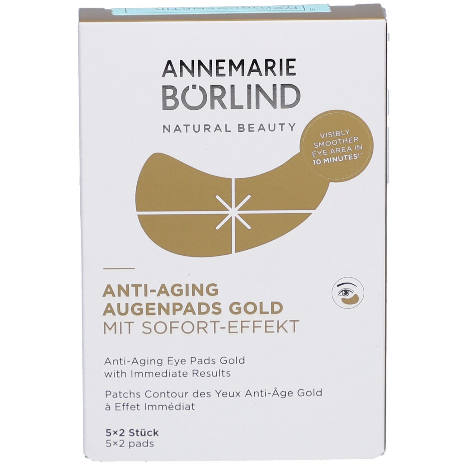 Verpackung von Augenpads. Marke: ANNEMARIE BÖRLIND. Produktname: Anti-Aging Augenpads Gold. Mit Sofort-Effekt. 5x2 Stück.