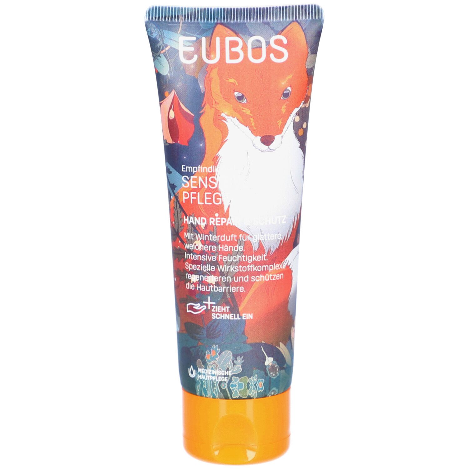 Tube mit orangefarbenem Verschluss. Aufdruck mit Fuchs-Illustration und Produktinformationen. Text: EUBOS, HAND REPAIR & SCHUTZ.