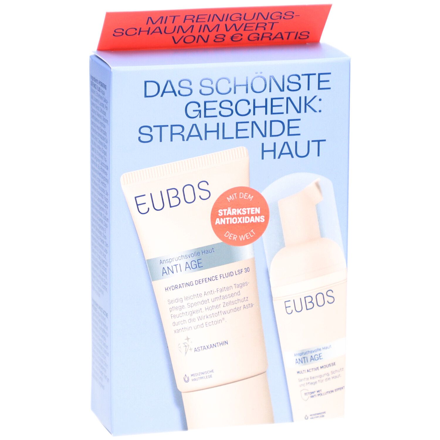 Geschenkset mit zwei Produkten. Blaue Verpackung mit Text und Logo. Enthält eine Tube und eine Flasche. Roter Aufkleber oben.