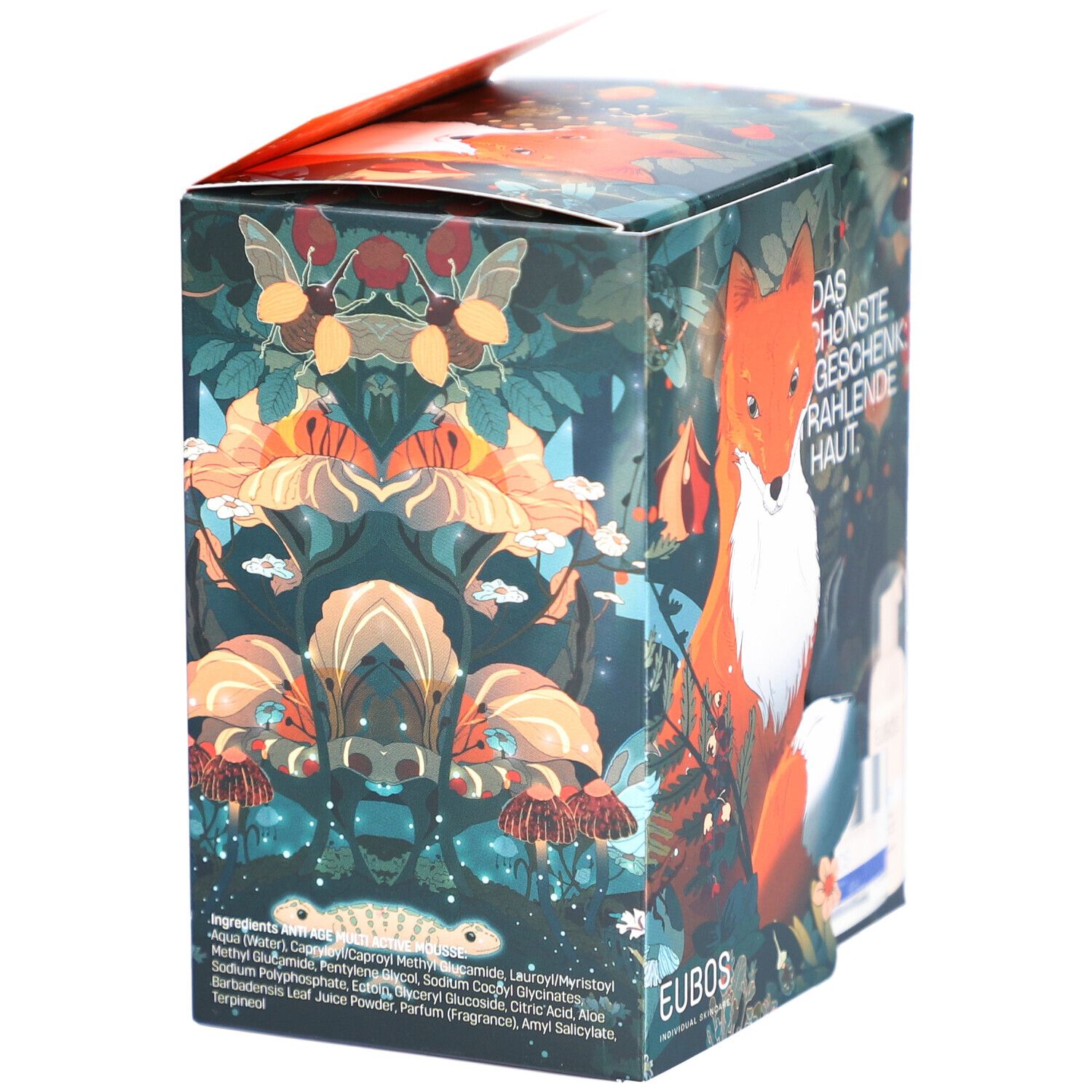 Geschenkbox mit Fuchs-Illustration. Rückseite mit Produktinformationen und Inhaltsstoffen. EUBOS-Logo sichtbar.