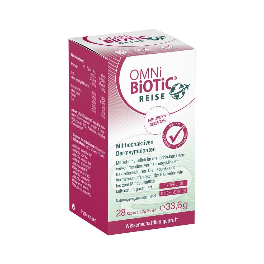 Karton mit OMNi-BiOTiC REISE Direkt-Sticks. Rote und weiße Verpackung mit Produktinformationen und Logo.