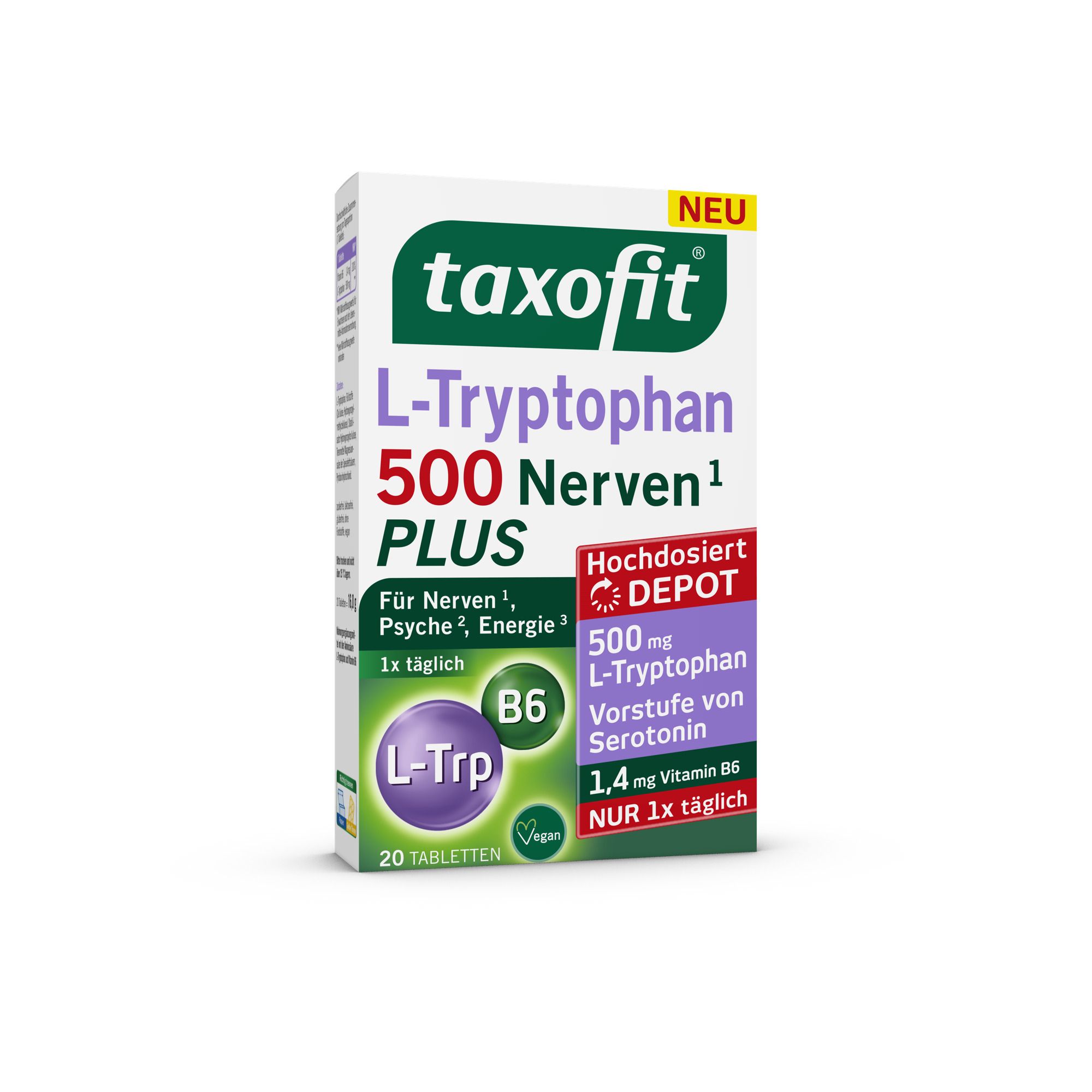 Schachtel taxofit L-Tryptophan 500 Nerven Plus. Enthält 20 Tabletten. Mit L-Trp, B6. Vegan.