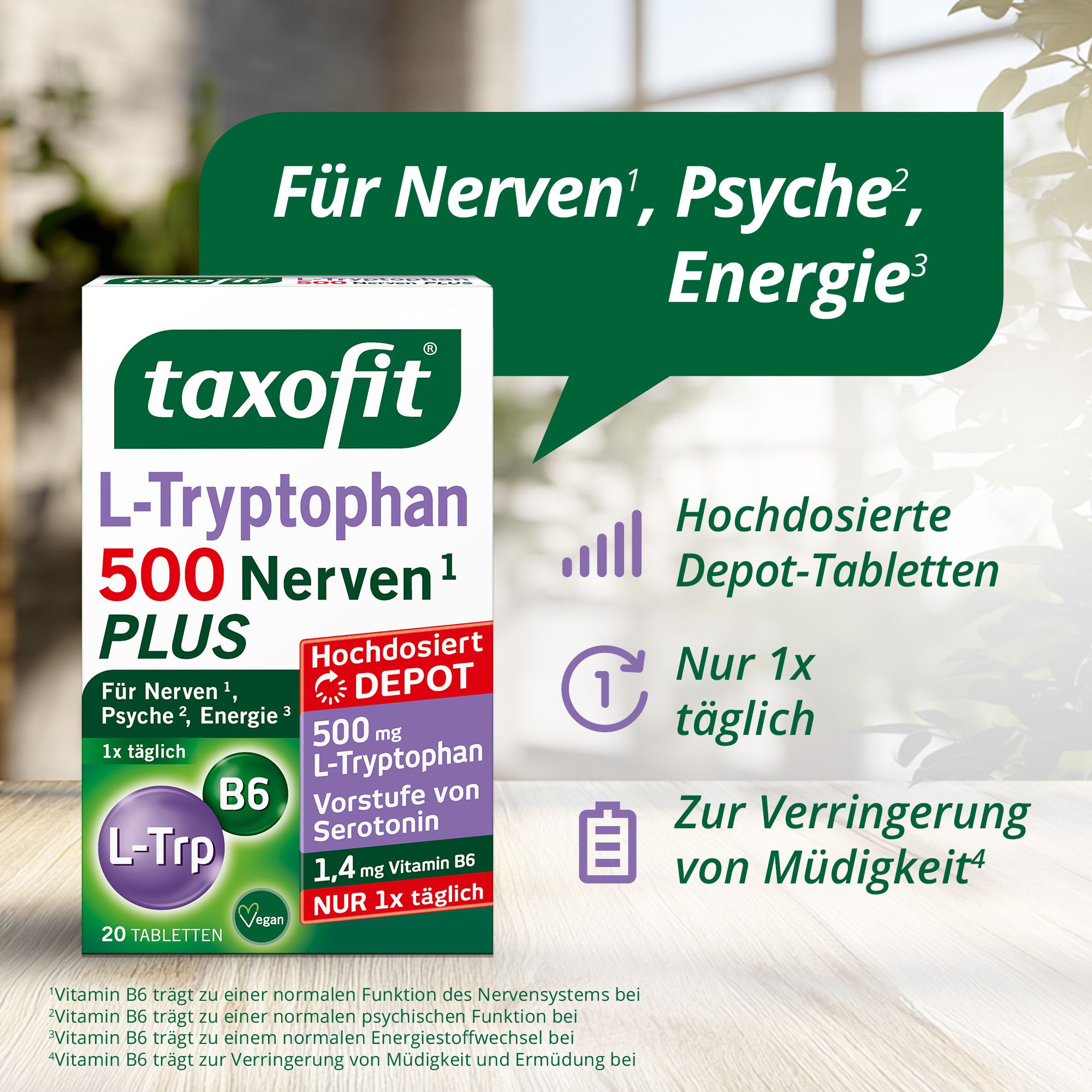 Schachtel taxofit L-Tryptophan 500 Nerven Plus. Text: Für Nerven, Psyche, Energie. Hochdosierte Depot-Tabletten. Nur 1x täglich.