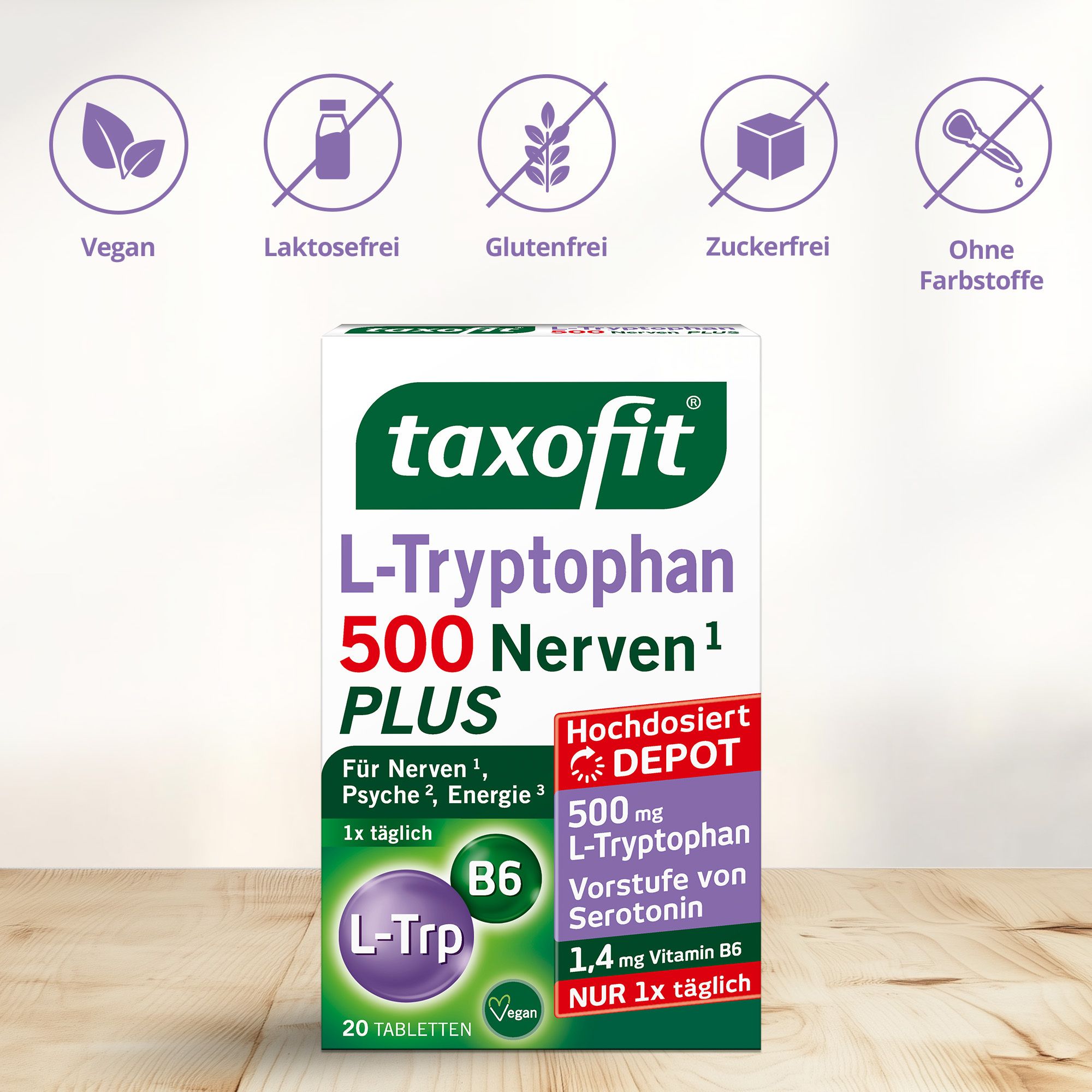 Schachtel taxofit L-Tryptophan 500 Nerven Plus. Symbole: Vegan, laktosefrei, glutenfrei, zuckerfrei, ohne Farbstoffe.