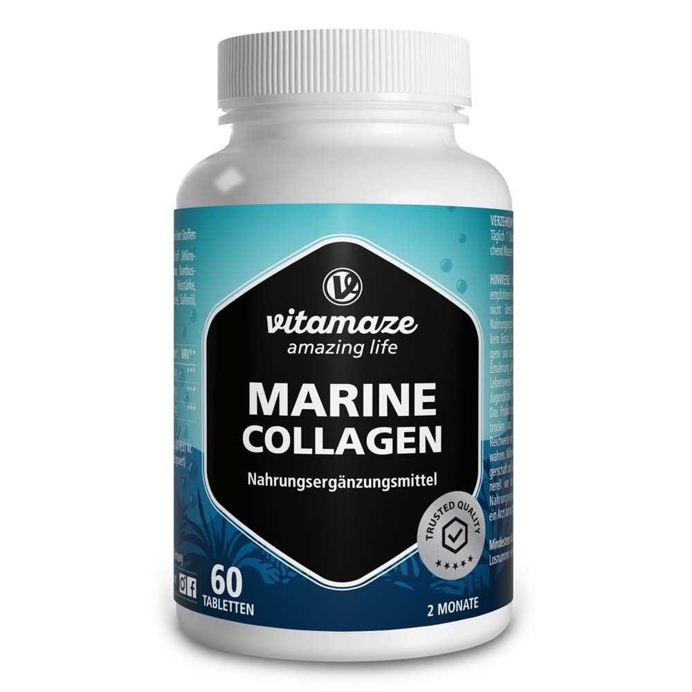 Weiße Flasche mit Kapseln. Aufschrift: Vitamaze Marine Collagen. 60 Tabletten. Siegel.