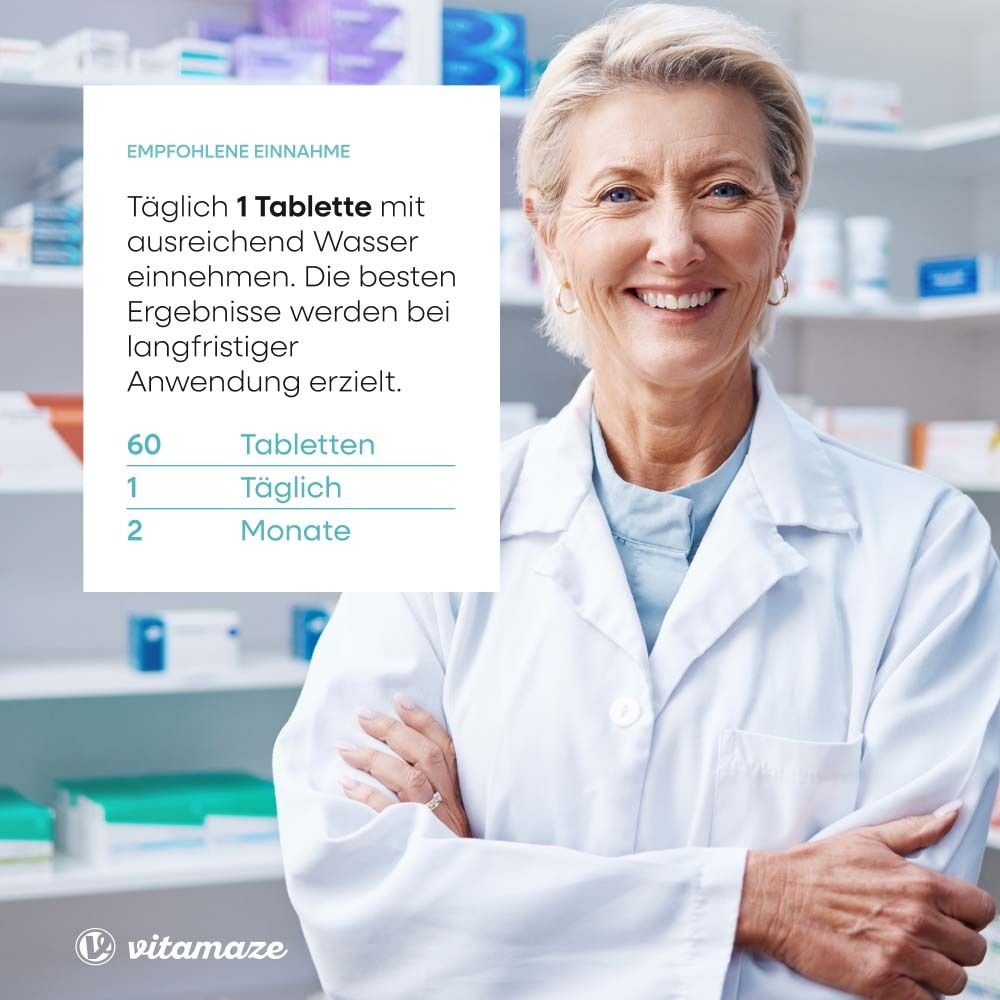 Ärztin mit weißem Kittel. Text: Empfohlene Einnahme: 1 Tablette täglich. 60 Tabletten, 1 täglich, 2 Monate.