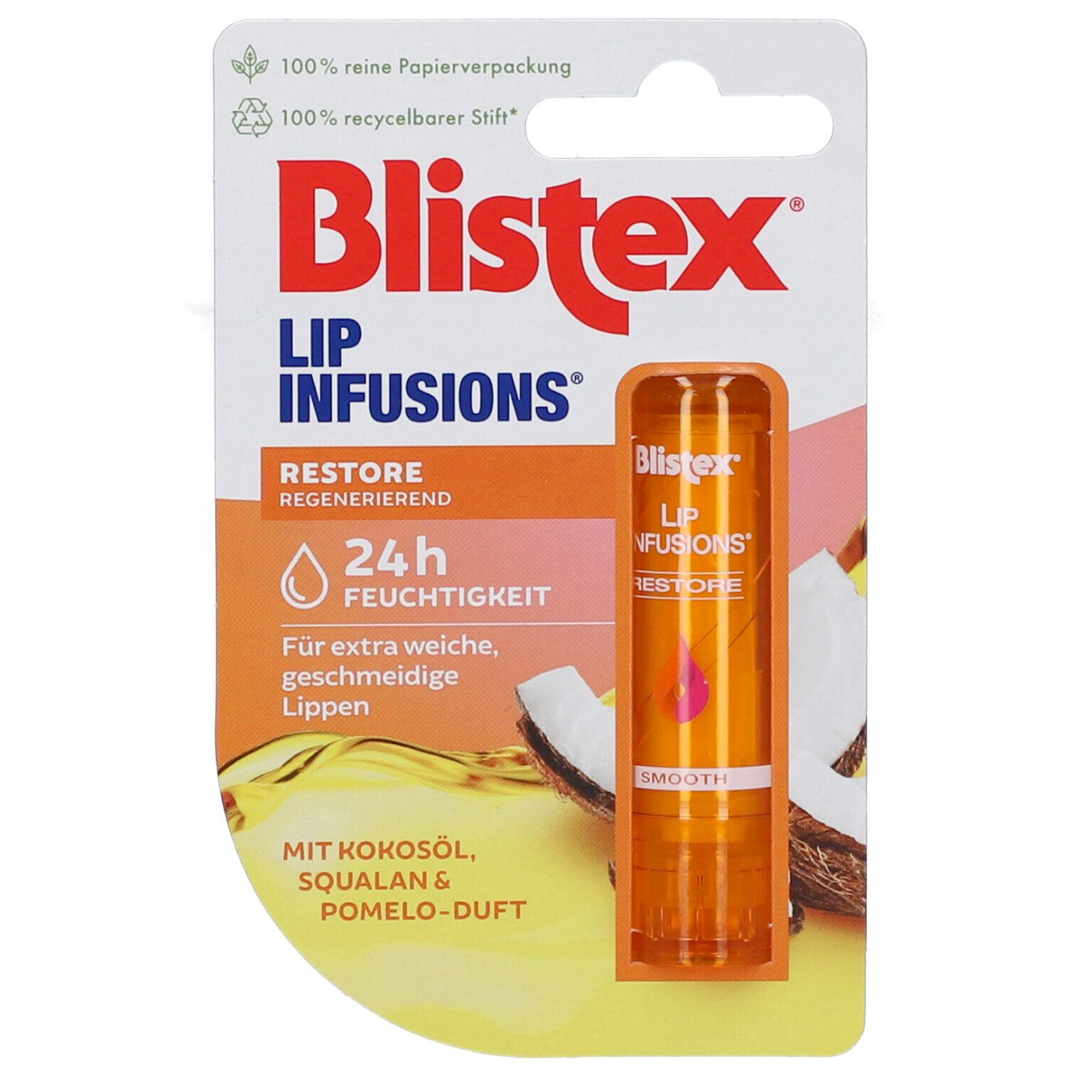 Blistex Lip Infusions Restore Pflegestift in Verpackung. Orangefarbener Stift, Kokosöl-Motiv, Schriftzug.
