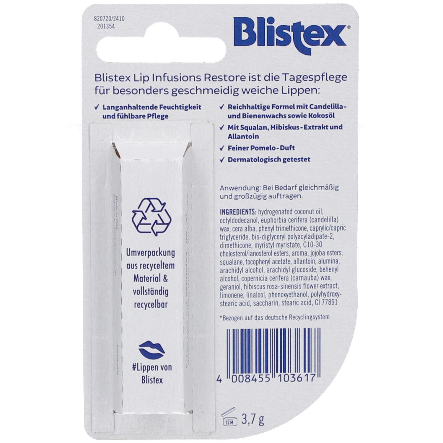Rückseite der Blistex Lip Infusions Restore Verpackung. Text, Recycling-Symbol, Inhaltsstoffe.