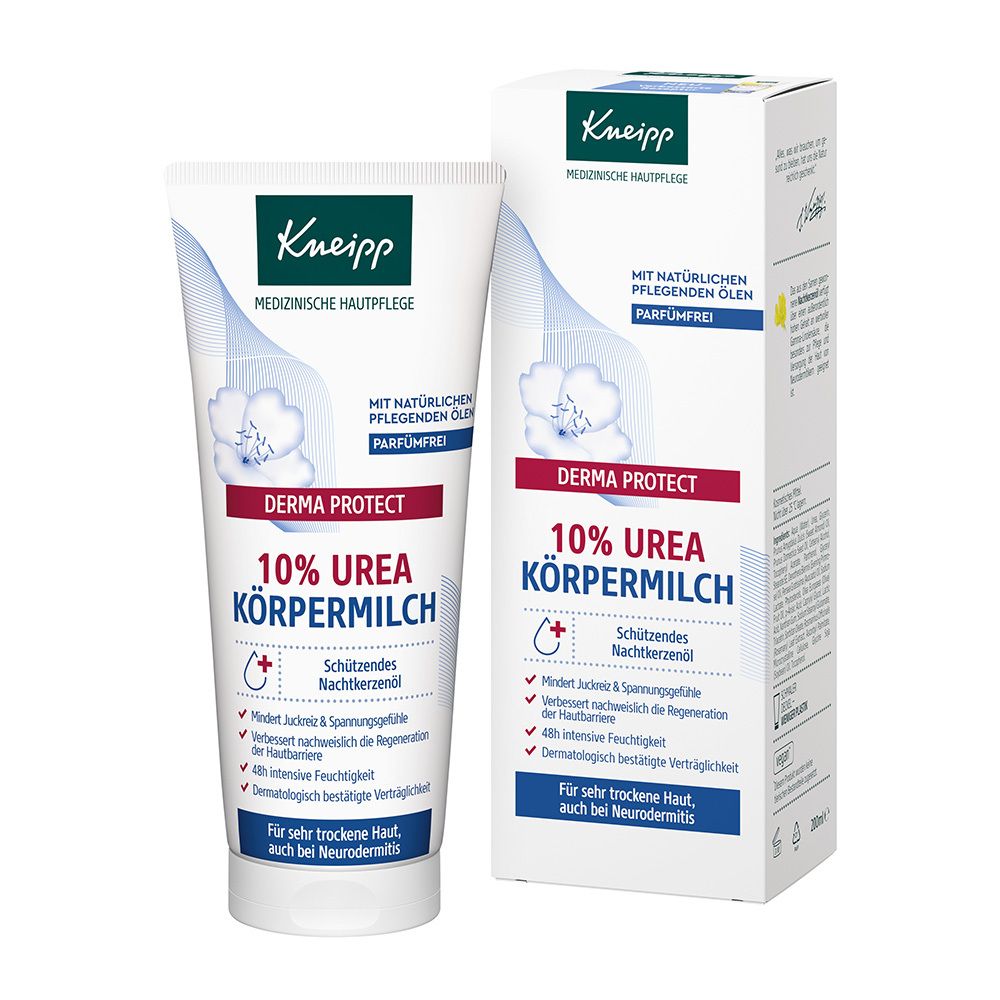 Kneipp Derma Protect Körpermilch und Verpackung. Weißes Produkt mit roter und blauer Schrift. Enthält 10% Urea.
