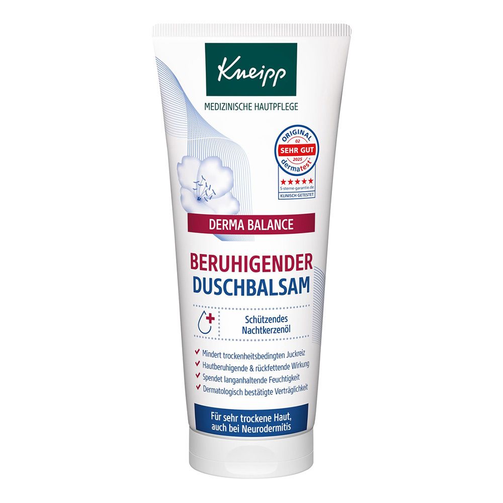 Weiße Tube mit blau-roter Schrift. Kneipp-Logo oben. Produktname: Derma Balance beruhigender Duschbalsam. Siegel: Sehr gut.