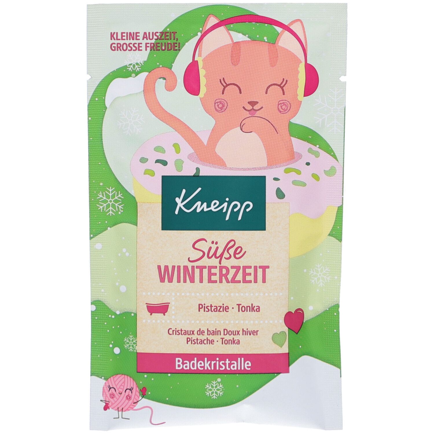 Kneipp Badekristalle Süße Winterzeit. Beutel mit Katze, Ohrenschützer und Donut. Text: Pistazie-Tonka, Badekristalle.