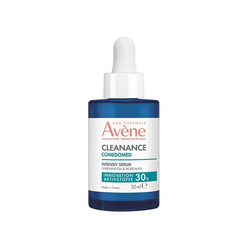 Blaues Serumfläschchen mit weißem Deckel und Pipette. Aufschrift: Eau Thermale Avène, Cleanance Comedomed, Intensiv Serum, 30ml.