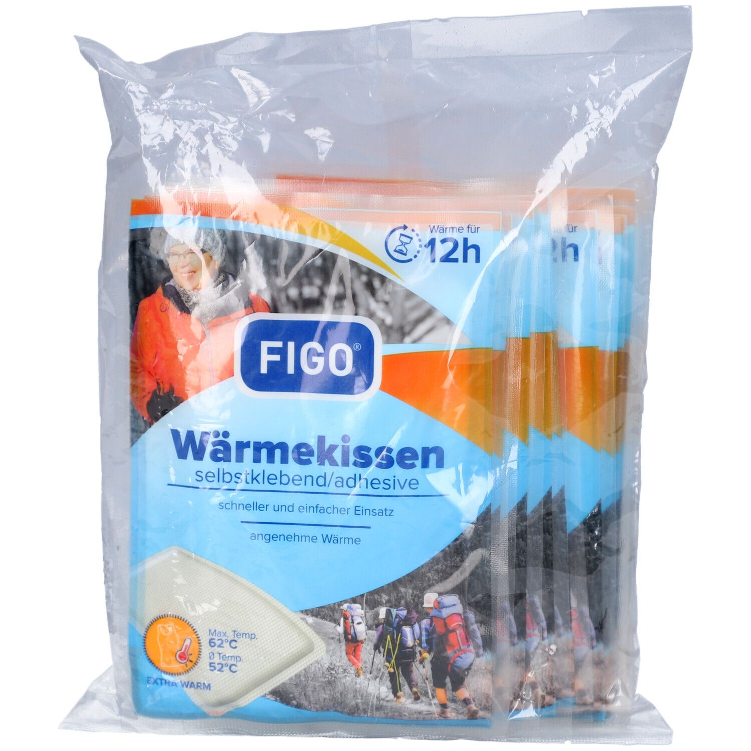 Verpackung mit FIGO Wärmekissen. Klare Plastiktüte. Blaue und orangefarbene Verpackung mit Produktinformationen und Logo. 12h Wärme.