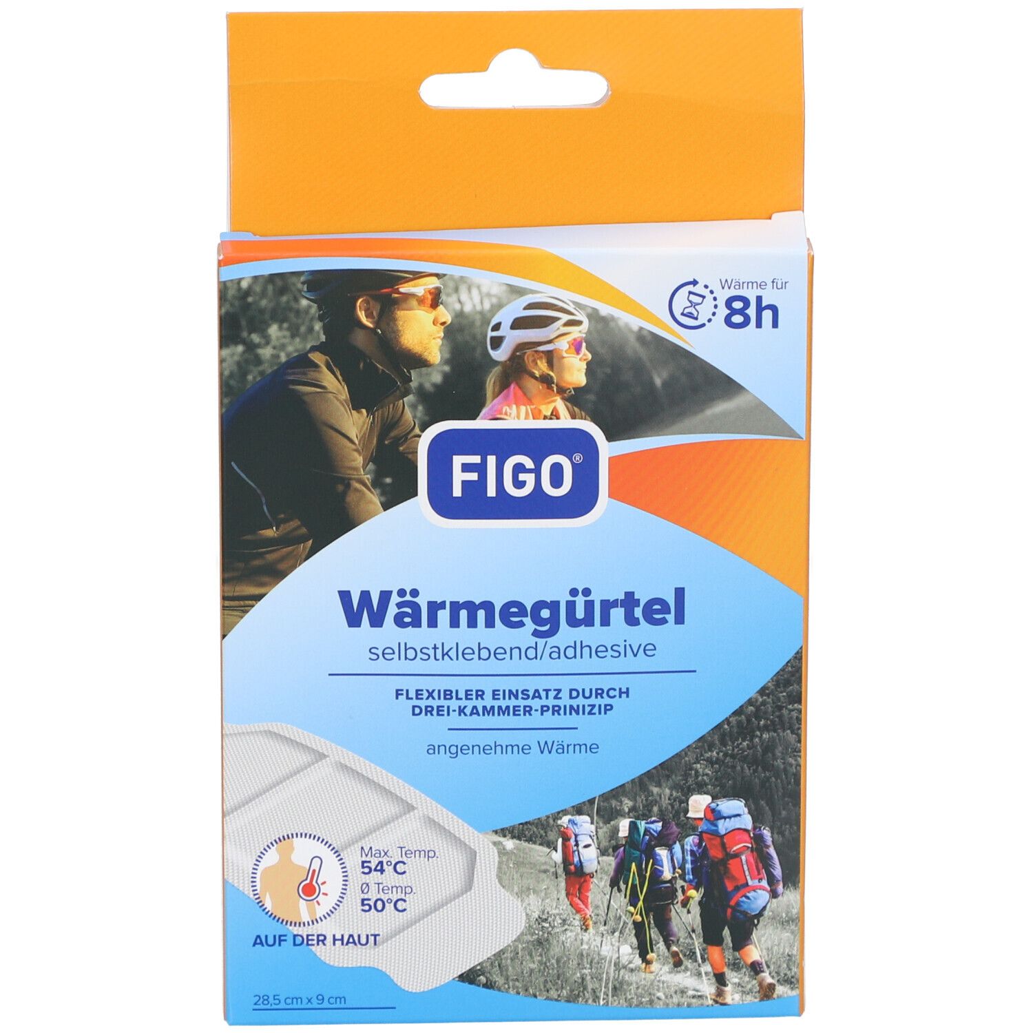 Verpackung mit FIGO Wärmegürtel. Aufdruck: 8h, selbstklebend, 26,5 x 9 cm. Abbildung von Personen beim Wandern und Radfahren.