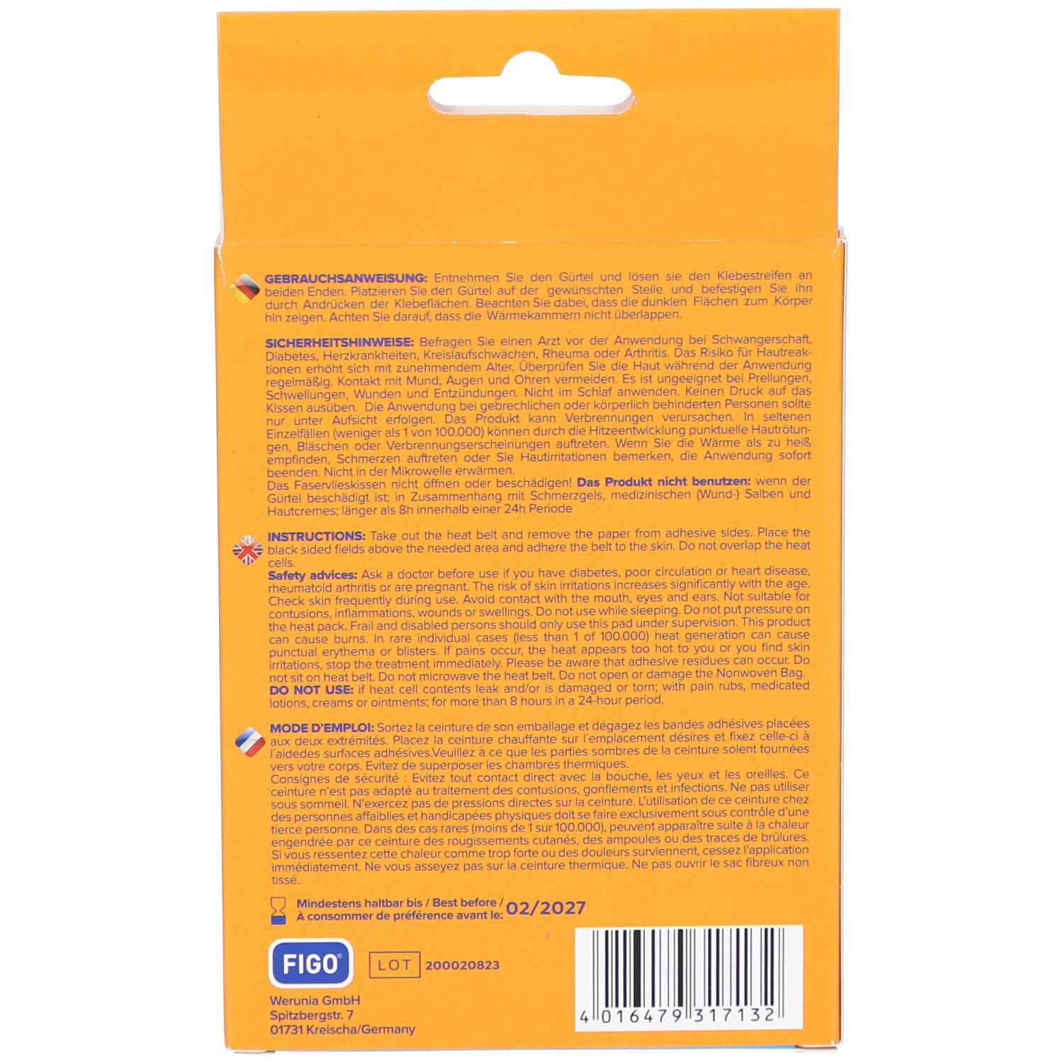 Rückseite der Verpackung. Text in Deutsch, Englisch und Französisch. FIGO Logo und Chargennummer. Haltbarkeitsdatum: 02/2027.