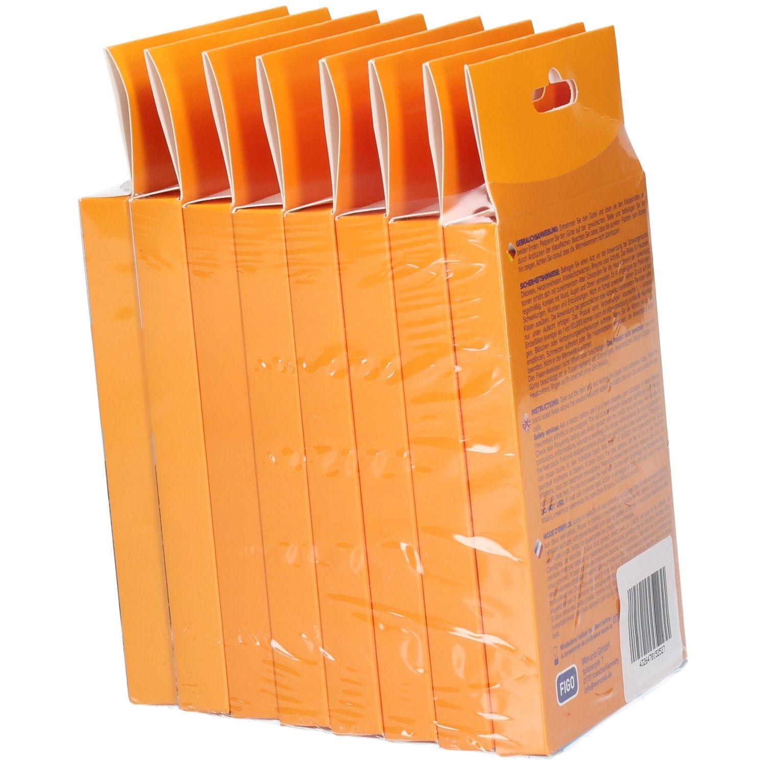 Mehrere FIGO Wärmegürtel Packungen in transparenter Folie. Seitenansicht der Packungen.