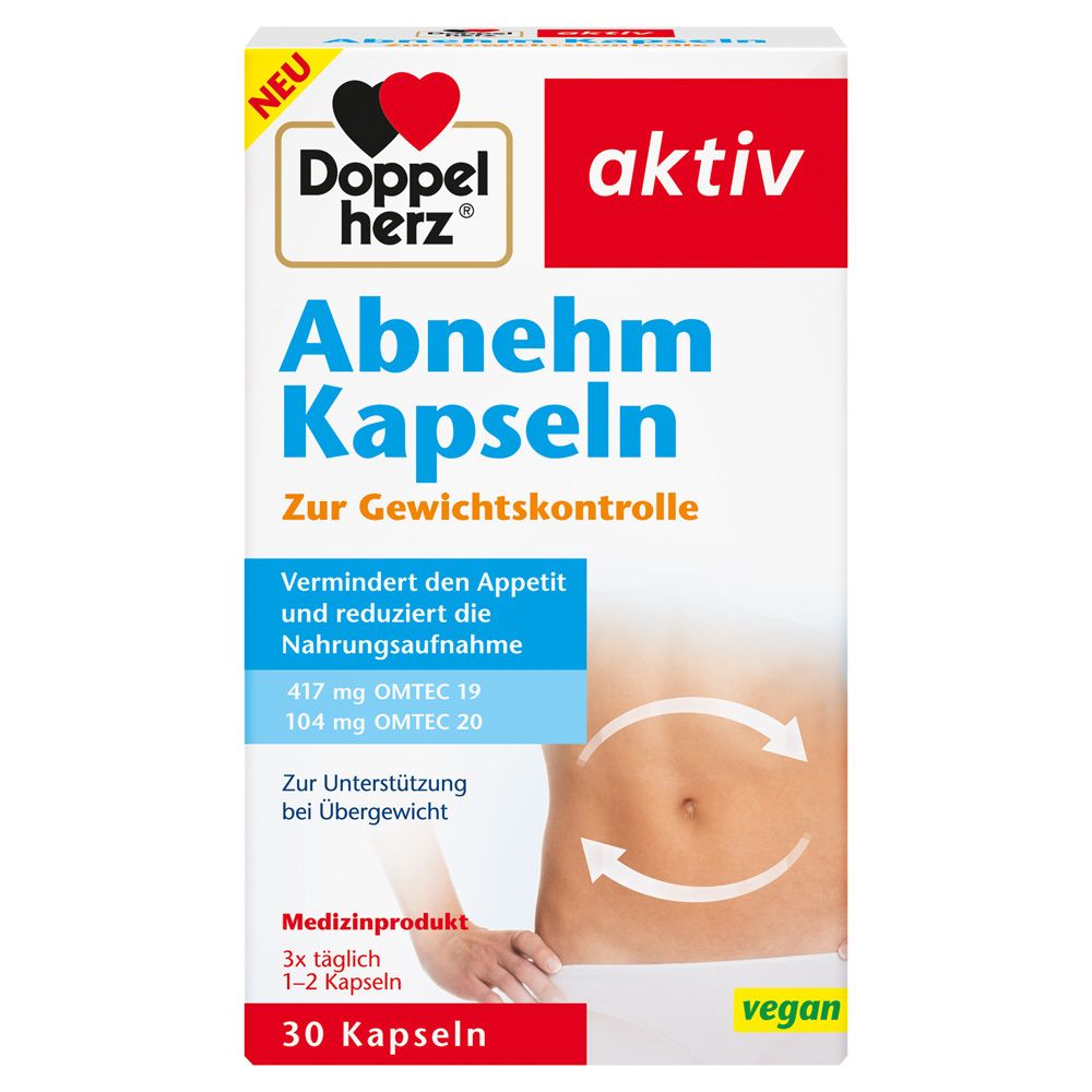 Schachtel mit Doppelherz Abnehm Kapseln. Aufschrift: Abnehm Kapseln, Zur Gewichtskontrolle. 30 Kapseln. Vegan.