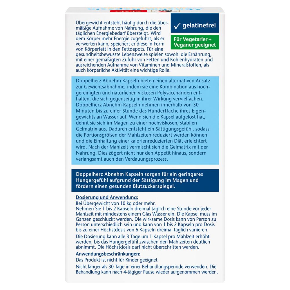 Rückseite der Schachtel mit Informationen zu Doppelherz Abnehm Kapseln. Text in deutscher Sprache. Gelatinefrei. Für Vegetarier + Veganer geeignet.