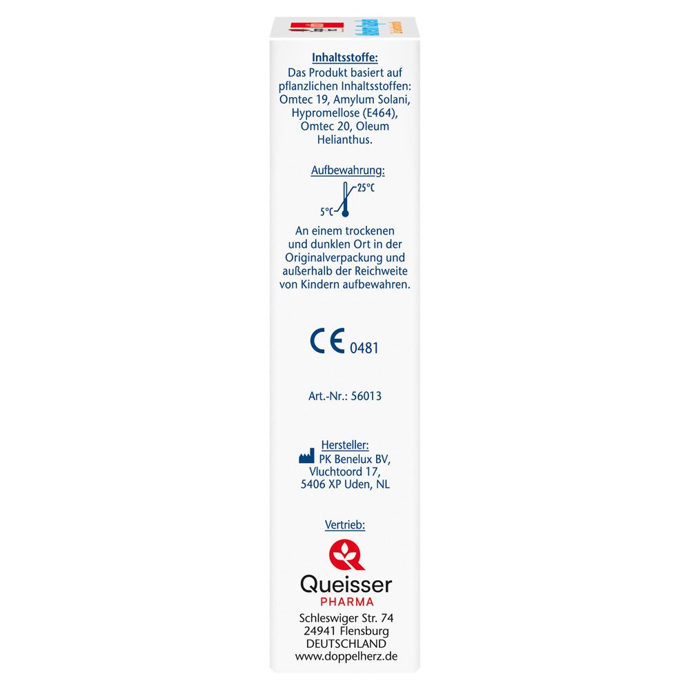 Seite der Schachtel mit Inhaltsstoffen, Aufbewahrungshinweisen und Herstellerinformationen. CE-Kennzeichnung.