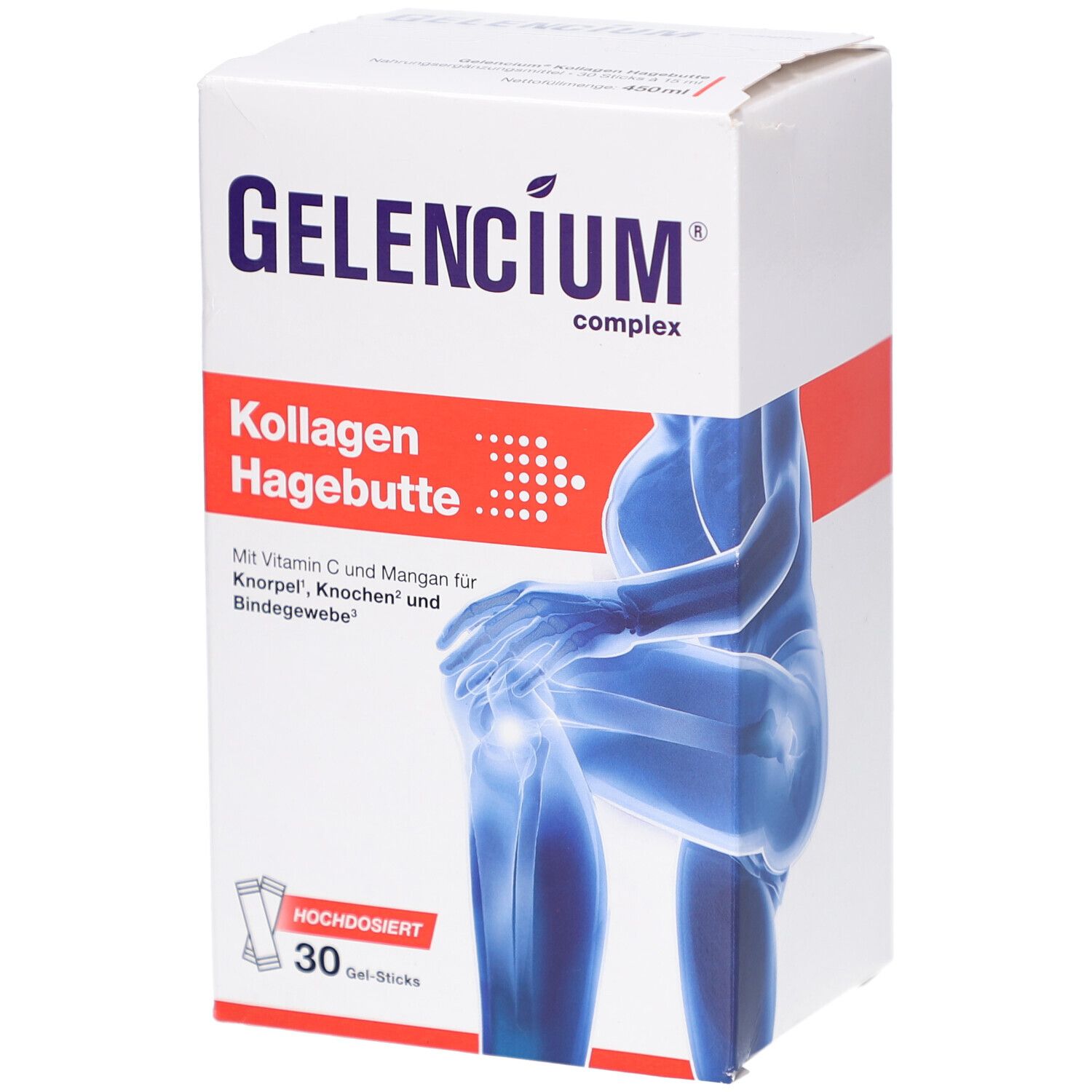 Weiße Schachtel mit "GELENCIUM" und "Kollagen Hagebutte". Enthält 30 Gel-Sticks. Abbildung eines Kniegelenks.