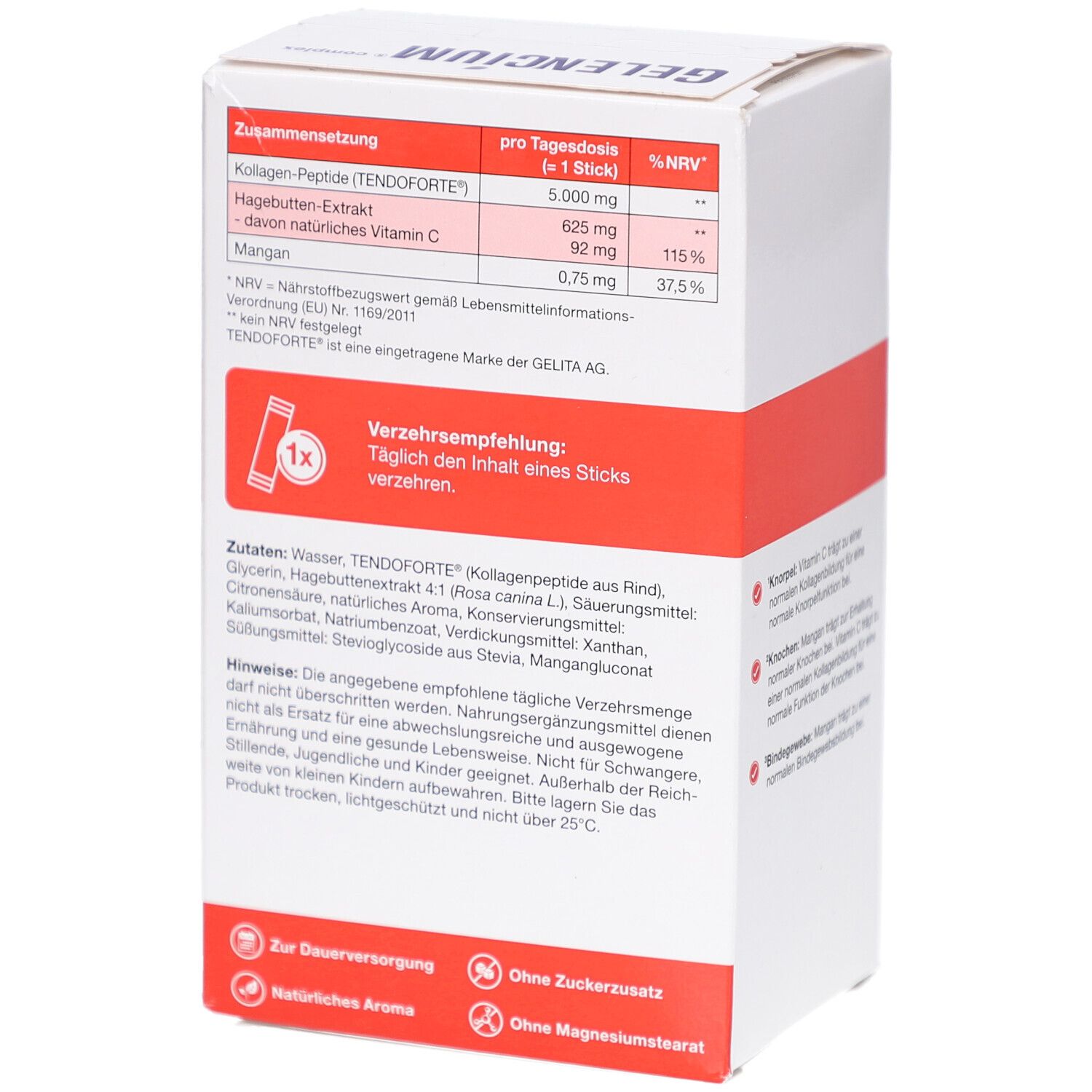 Rückseite der weißen Schachtel mit Inhaltsstoffen und Verzehrempfehlung. Enthält 30 Gel-Sticks.