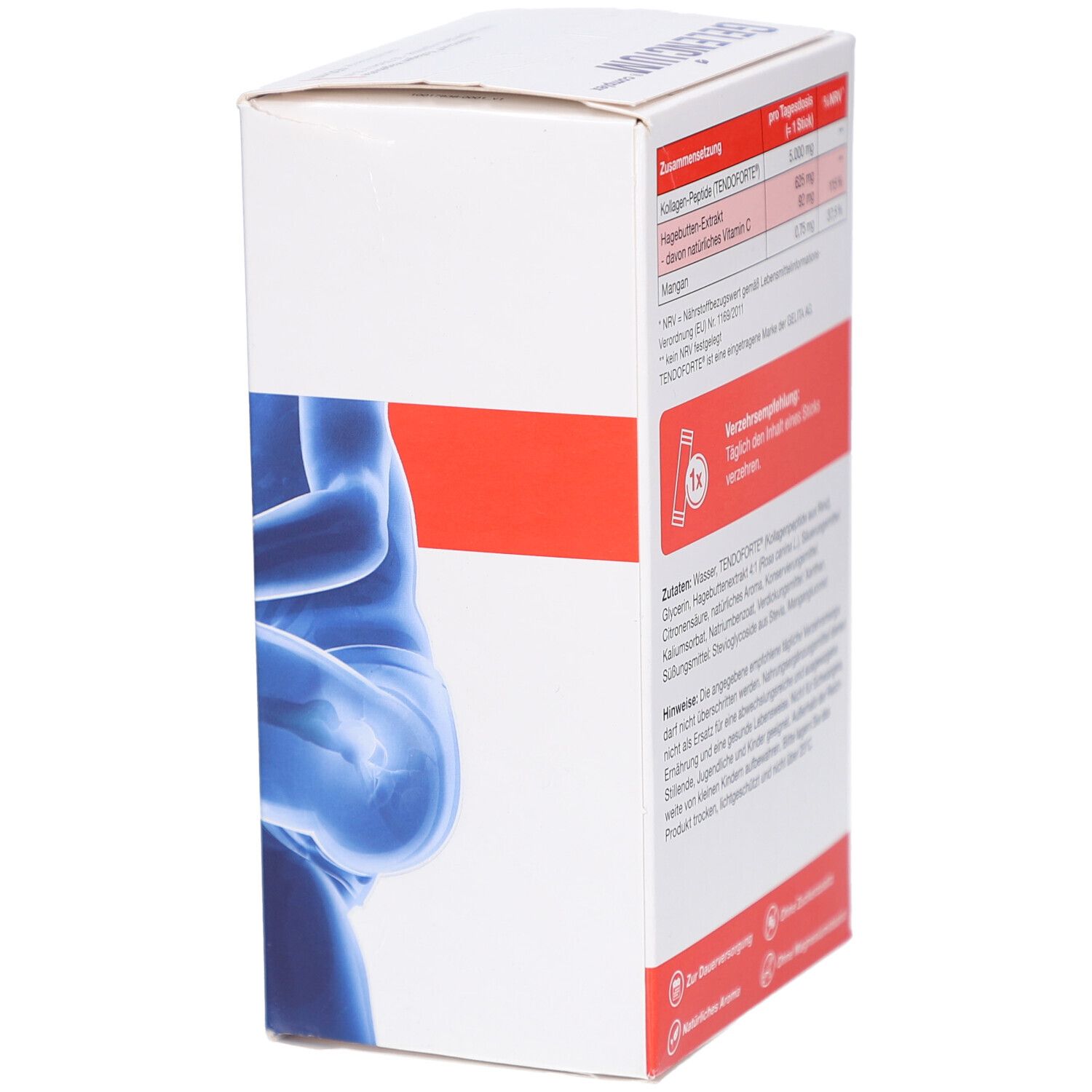 Seitenansicht der weißen Schachtel mit Inhaltsstoffen und Verzehrempfehlung. 30 Gel-Sticks.