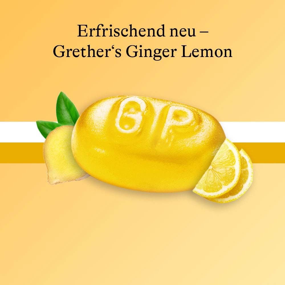 Gelbe Pastille mit 'GP' und Zitrone, Ingwer. Aufschrift: Grether's Ginger Lemon. Gelber Hintergrund.