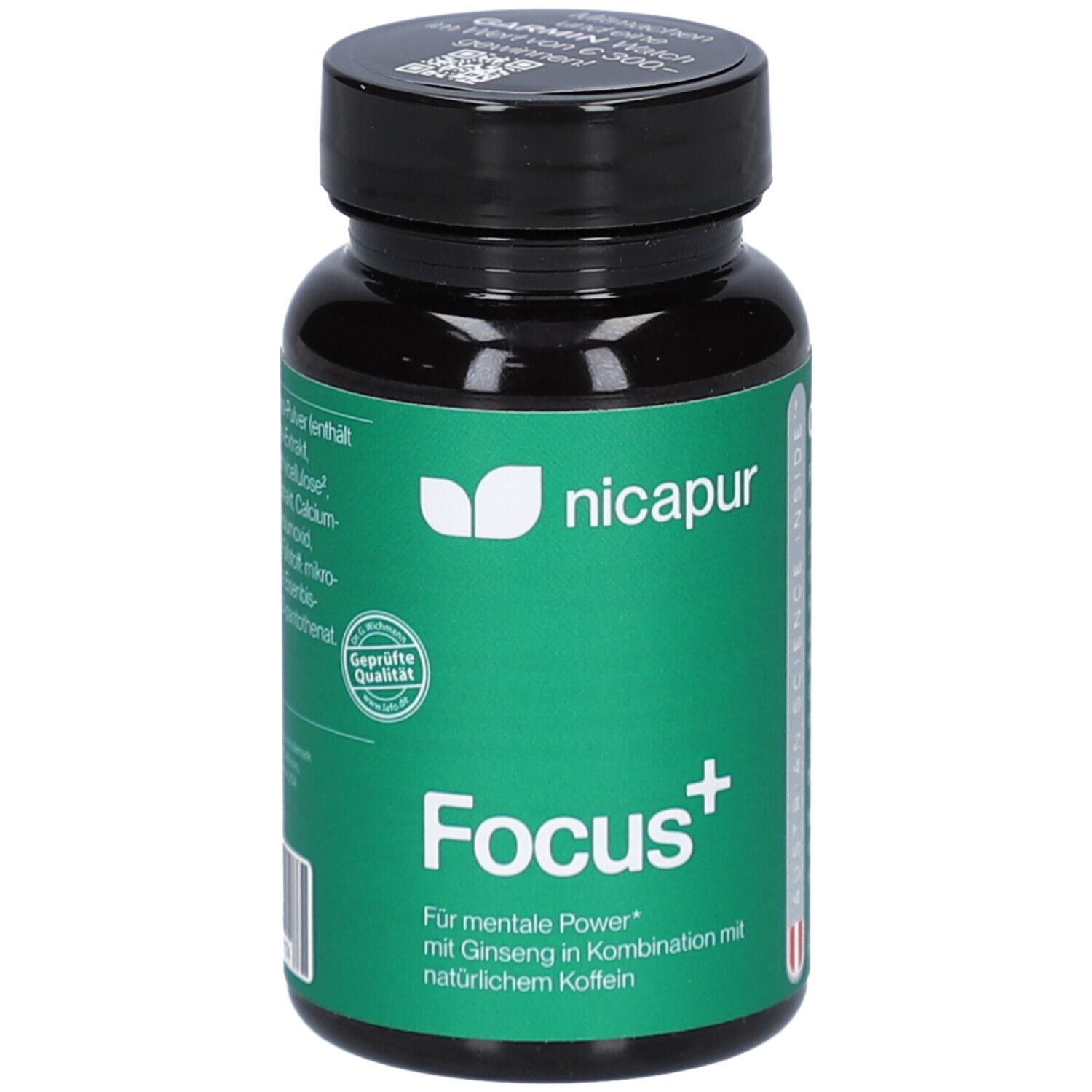 Schwarze Flasche mit grüner Banderole. Aufschrift: nicapur Focus+. Enthält 60 Kapseln. Mit Ginseng und Koffein.