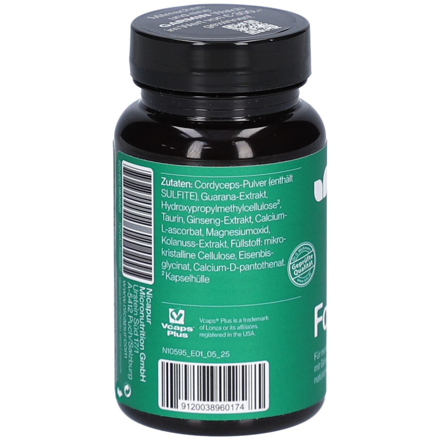 Rückseite der Flasche. Zutatenliste und Qualitätszeichen. Aufschrift: nicapur Focus+. Enthält Cordyceps-Pulver.