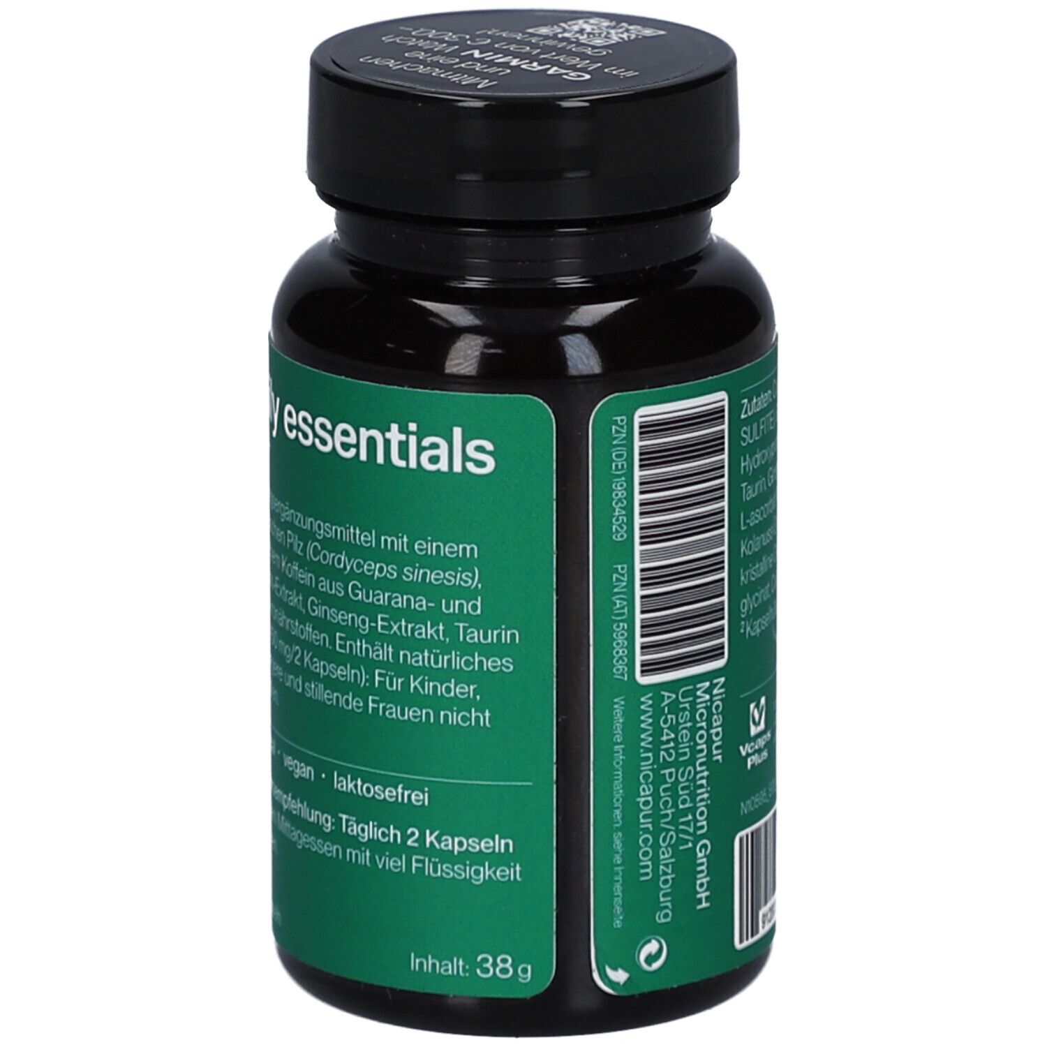 Rückseite der Flasche. Aufschrift: nicapur daily essentials. Enthält 38g. Mit Cordyceps sinensis und Koffein.