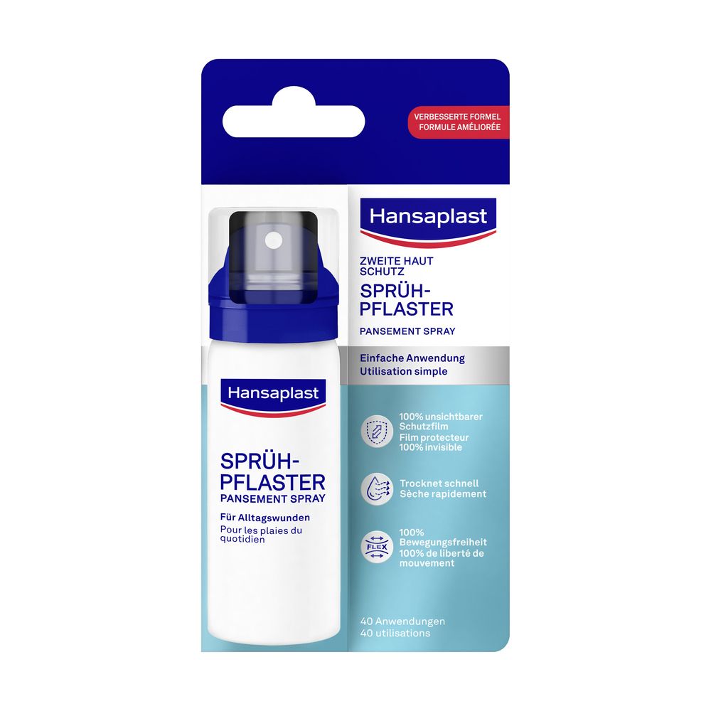 Hansaplast Sprüh-Pflaster in Verpackung. Enthält eine Sprühflasche und eine Kartonverpackung. Blaue und weiße Farbgebung.