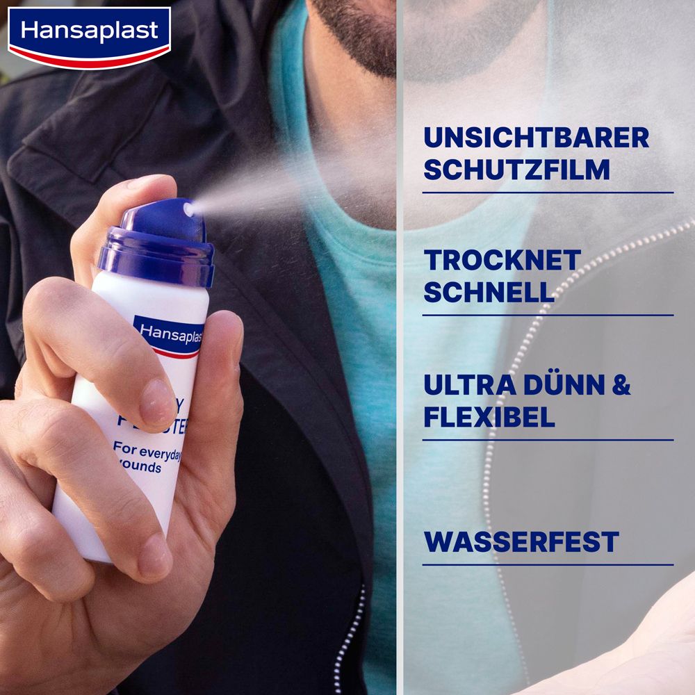 Person sprüht Hansaplast Sprüh-Pflaster. Produktmerkmale: unsichtbarer Schutzfilm, schnell trocknend, ultra dünn & flexibel, wasserfest.