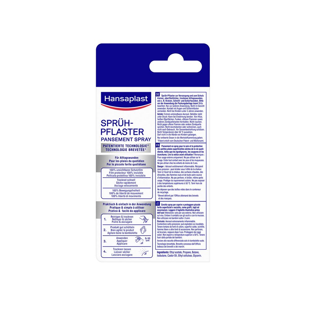 Rückseite der Hansaplast Sprüh-Pflaster Verpackung. Enthält Produktinformationen und Anwendungshinweise.