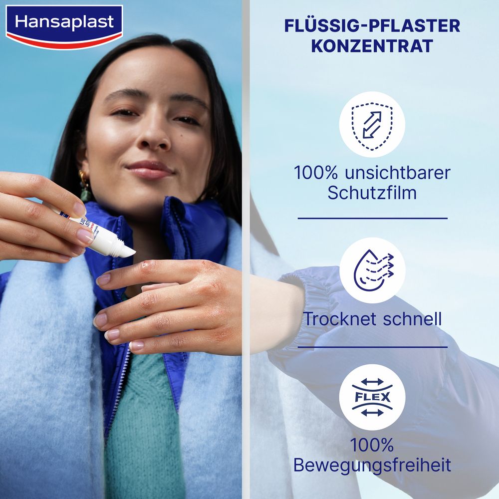 Frau mit Produkt. Text: Flüssig-Pflaster Konzentrat, 100% unsichtbarer Schutzfilm, trocknet schnell, 100% Bewegungsfreiheit.