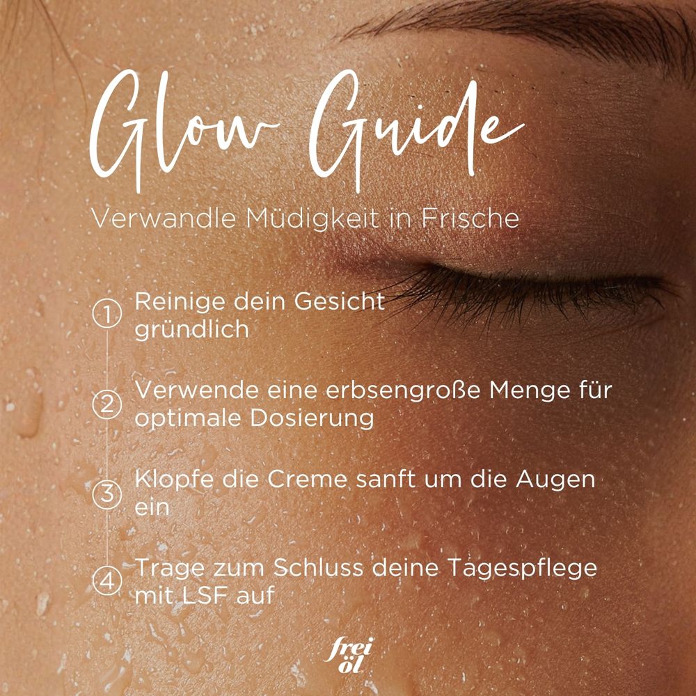 Nahaufnahme eines Gesichts. Text: Glow Guide. Anleitung in 4 Schritten zur Anwendung der Creme.