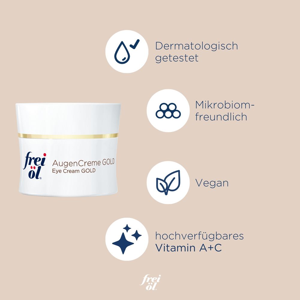 Weiße Creme-Dose mit goldenem Ring. Logos: Dermatologisch getestet, mikrobiomfreundlich, vegan.