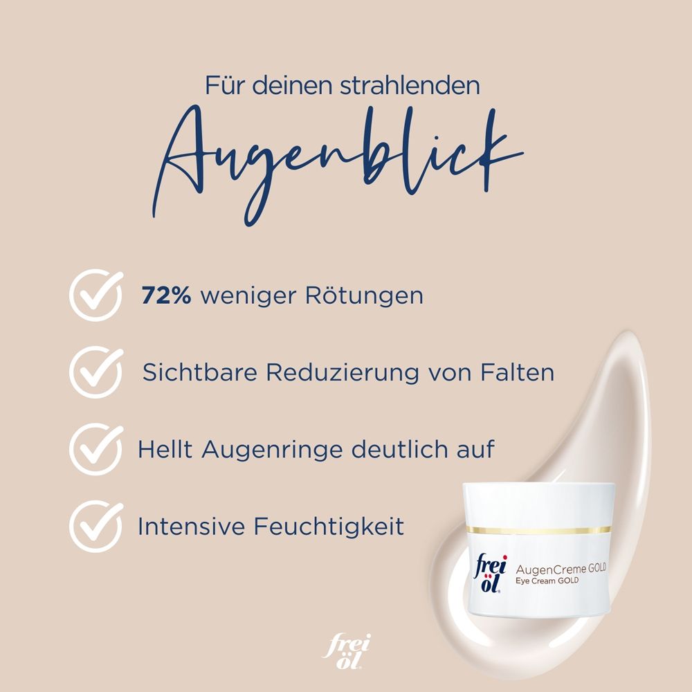 Creme-Dose und Creme-Tropfen. Text: Für deinen strahlenden Augenblick. Vorteile: Weniger Rötungen, weniger Falten.