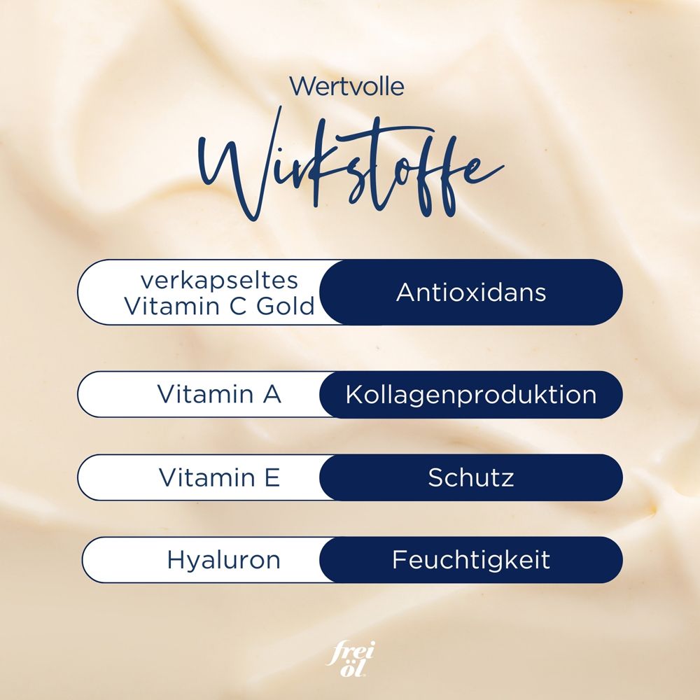 Text: Wertvolle Wirkstoffe. Auflistung: verkapseltes Vitamin C Gold, Vitamin A, Vitamin E, Hyaluron.