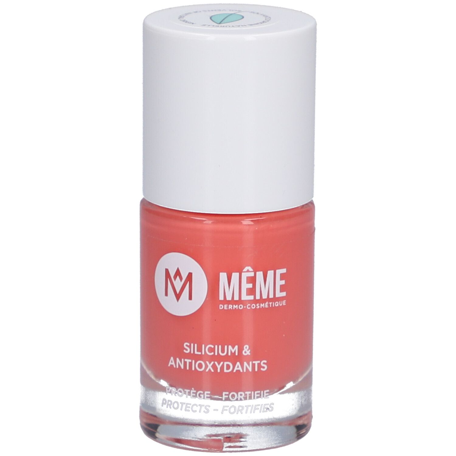 Nagellackflasche, Melonenrosa. Weißer Deckel, rosa Inhalt. Marke: MÊME.