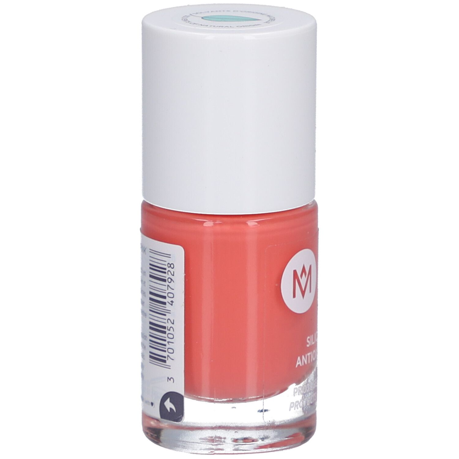 Nagellackflasche, Melonenrosa. Weißer Deckel, rosa Inhalt. Marke: MÊME.