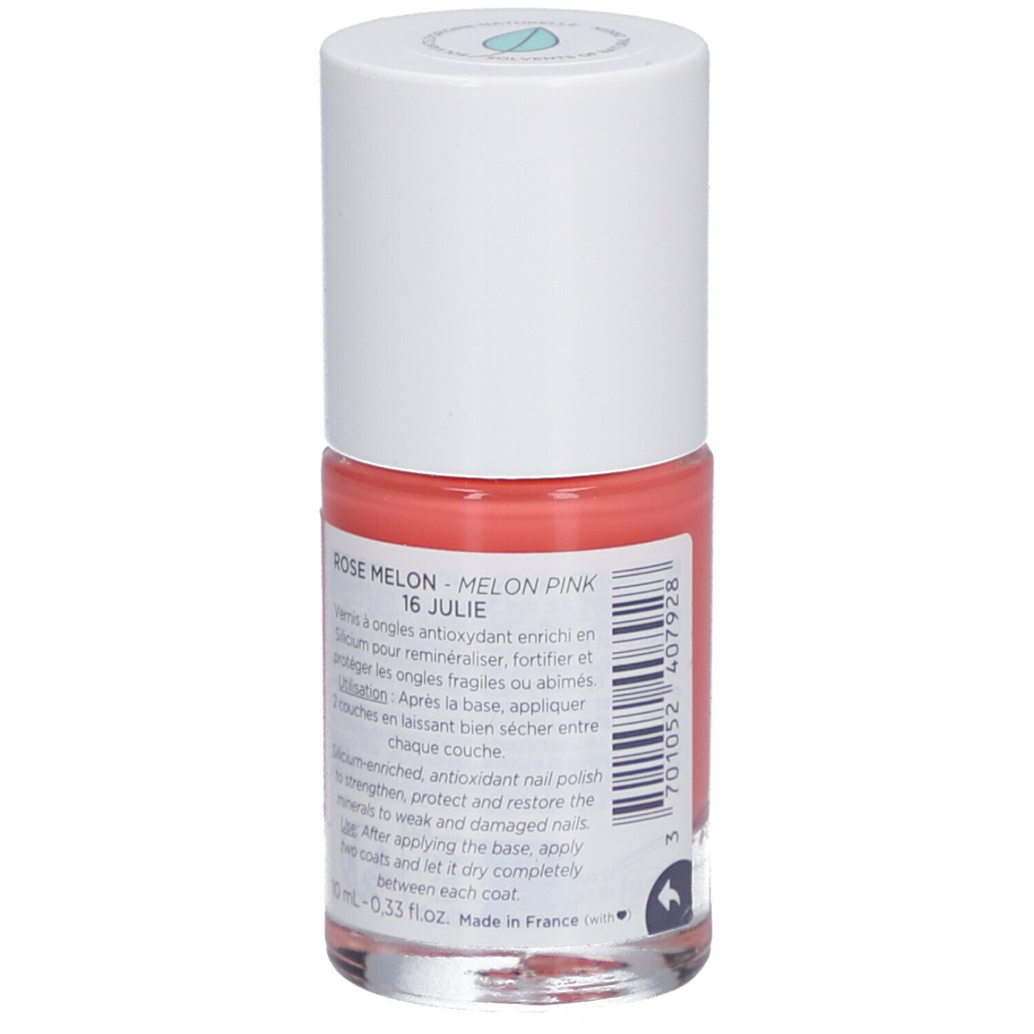 Nagellackflasche, Melonenrosa. Rückseite mit Text. Marke: MÊME.