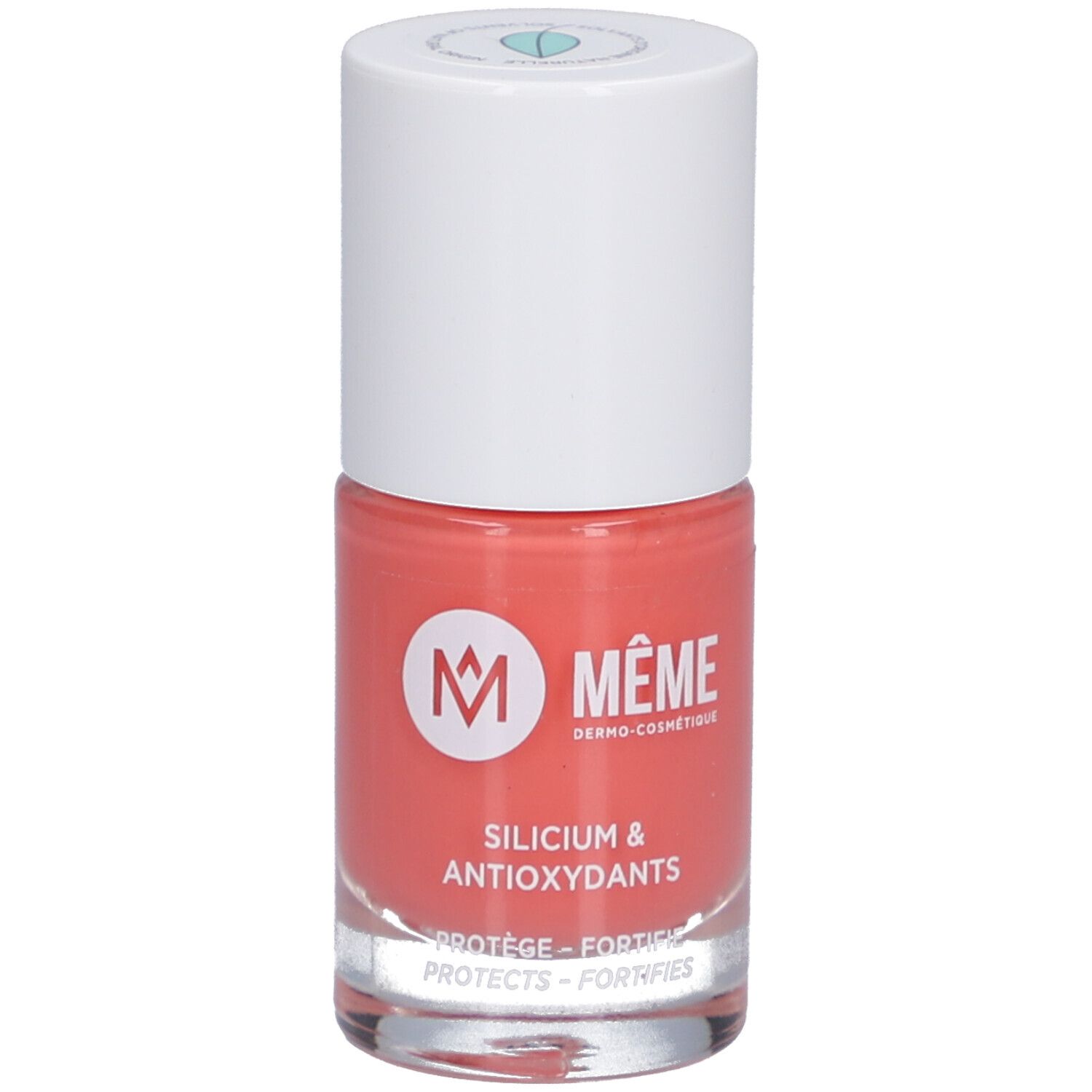 Nagellackflasche, Melonenrosa. Weißer Deckel, rosa Inhalt. Marke: MÊME.