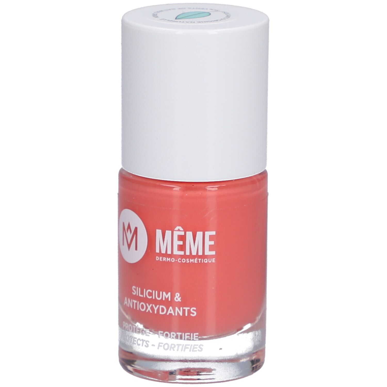 Nagellackflasche, Melonenrosa. Weißer Deckel, rosa Inhalt. Marke: MÊME.