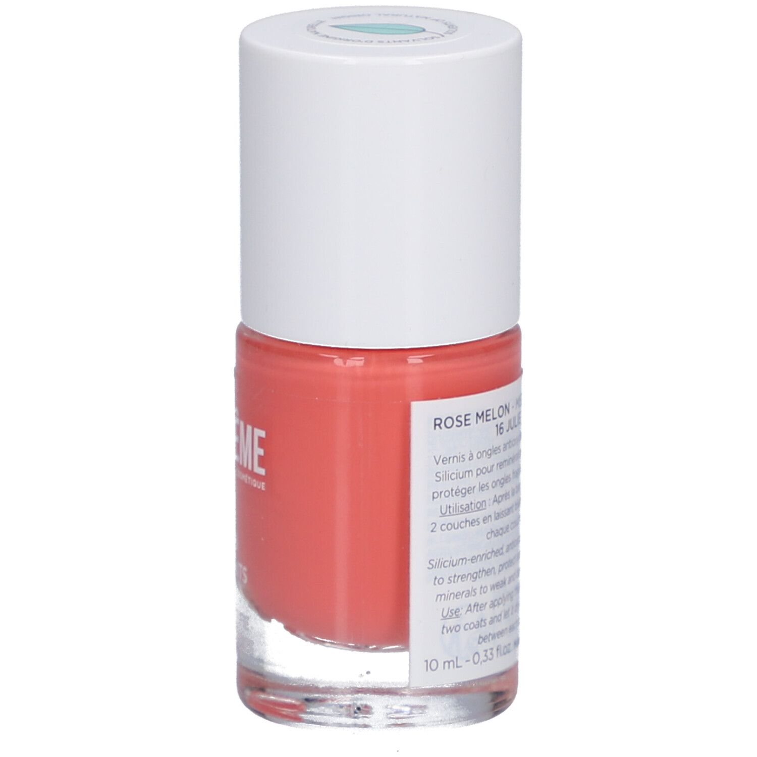 Nagellackflasche, Melonenrosa. Rückseite mit Text. Marke: MÊME.